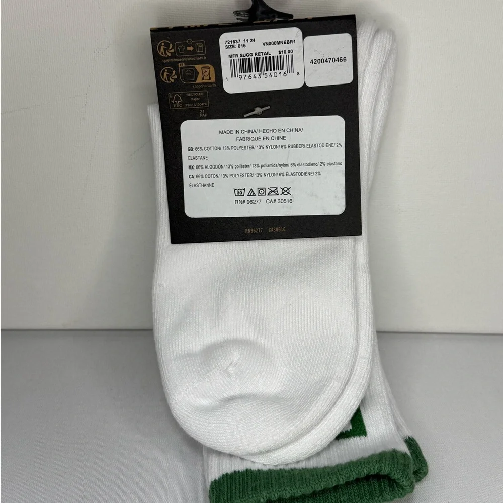 Vans Boy’s White and Green Crew Socks shoe size 1-6